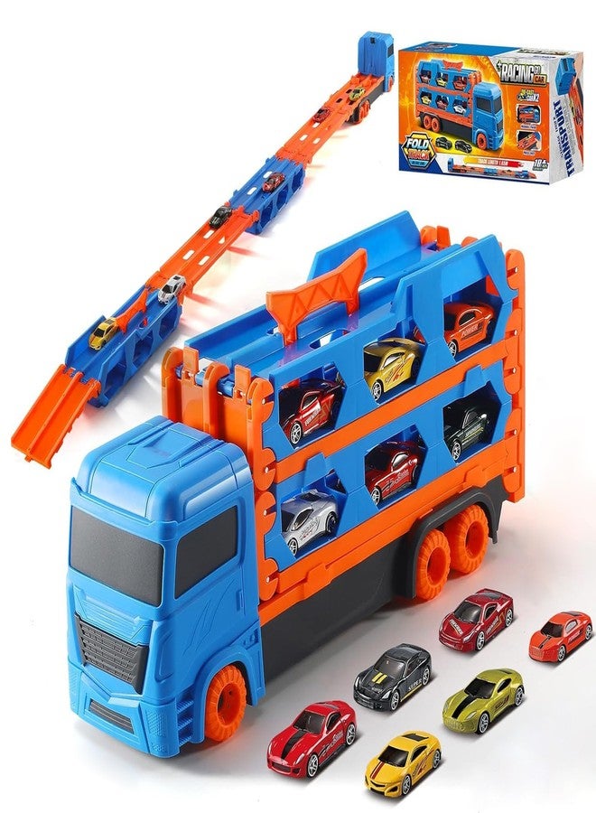 توي شاين لعبة شاحنة النقل والتخزين "توي شاين بيج هولر" القابلة للطي، مع مضمار سباق قابل للطي وسيارتين مصبوبتين، مناسبة للأطفال من عمر 3 سنوات فما فوق. - Image 1